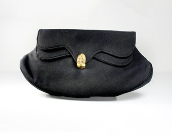 Black Cloth Clutch Purse, Rhinestone Clasp, 1950s Vintage, Handbag