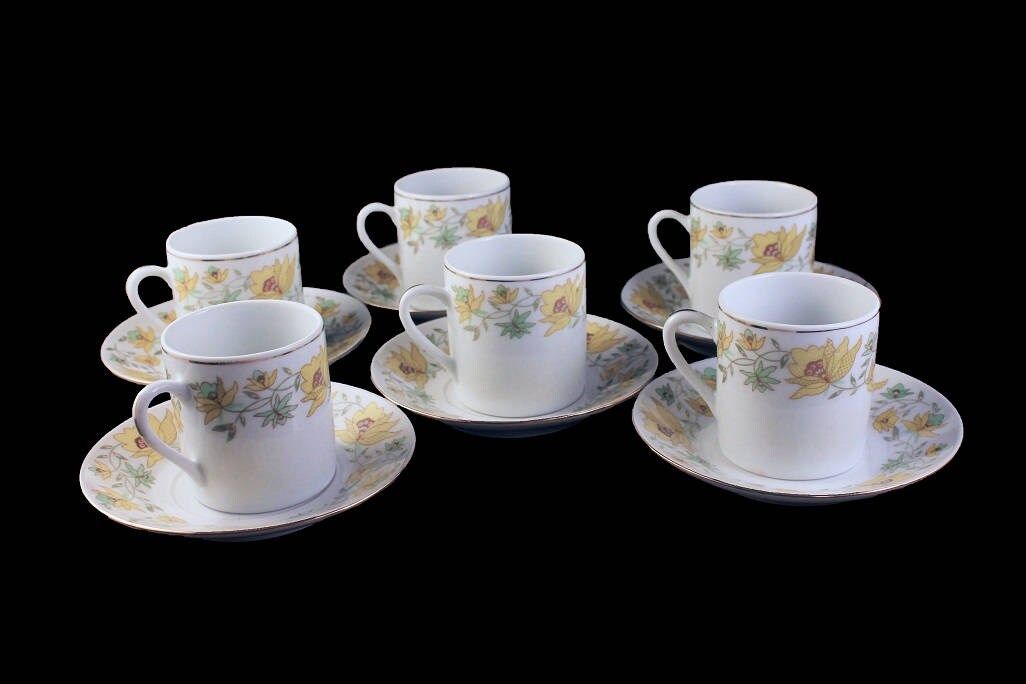 Demitasse Cups and Saucers, Yellow Floral, Espresso Cups, Set of 6 ...