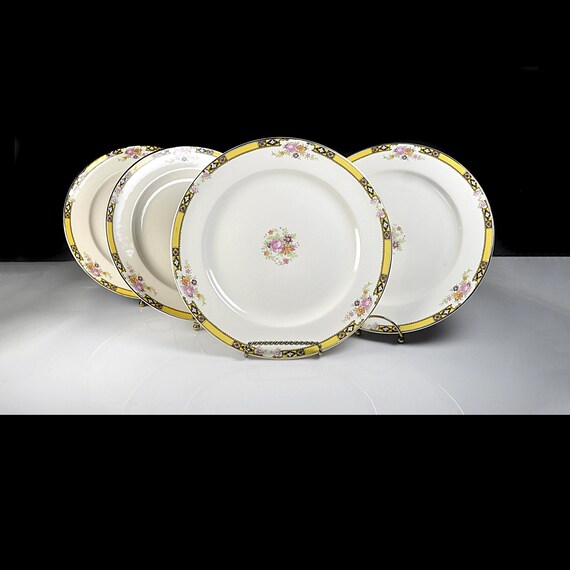 Vintage Edwin Knowles China Dinner Plates, Set of Four, Floral with Yellow Band