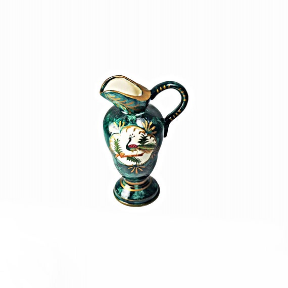 Decorative Pitcher, Peacock Portrait, Gold Trim, Collectible, Hand Painted, 7 Inch, Giftware