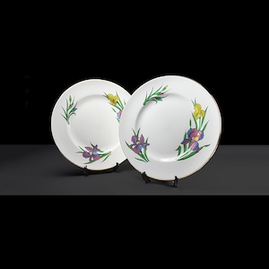 May include: Two white ceramic plates with a gold rim and floral designs. The plates feature yellow, blue, and purple irises on a white background.