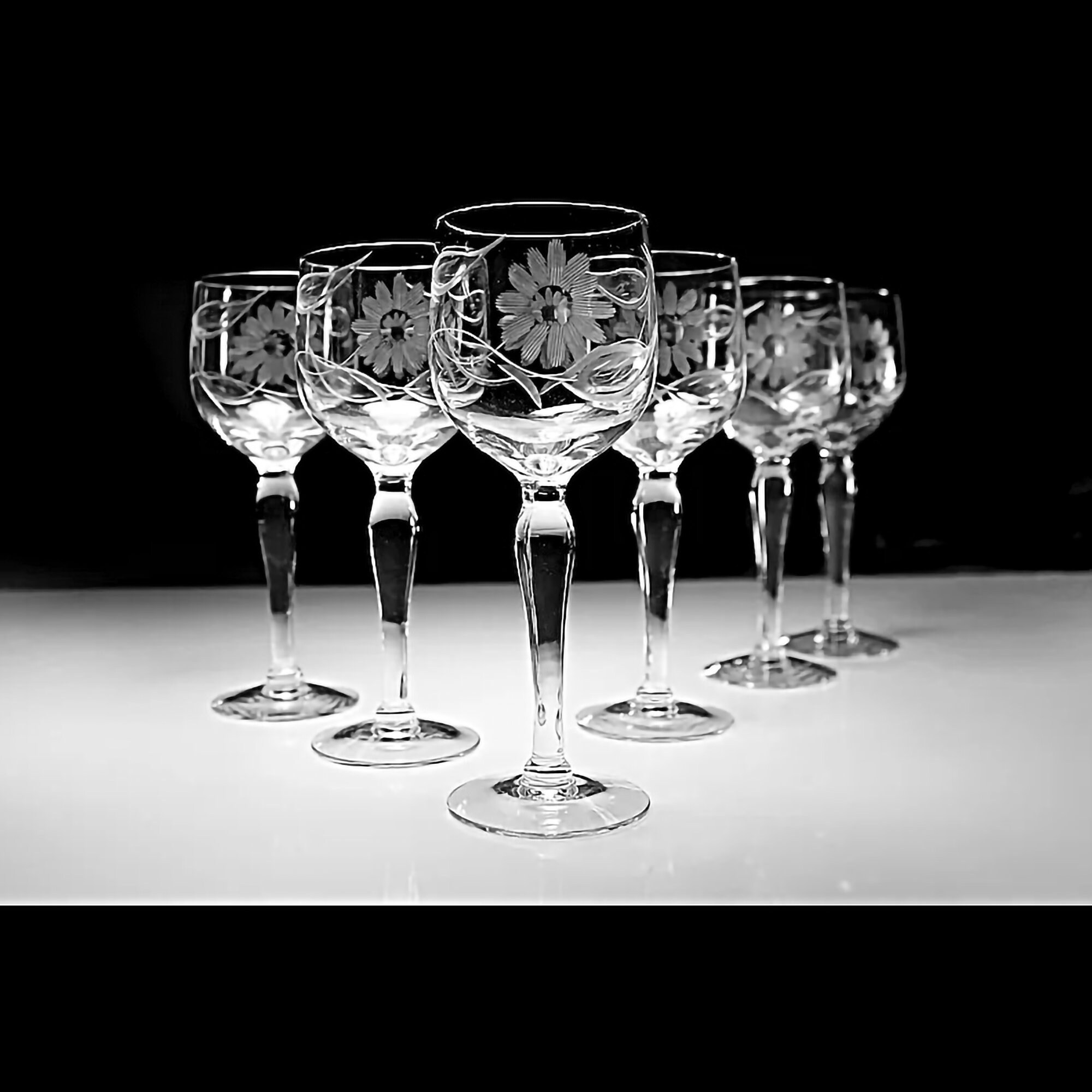 Etched Crystal Cordial Glasses, Gastonbury Lotus, Flower and Leaf