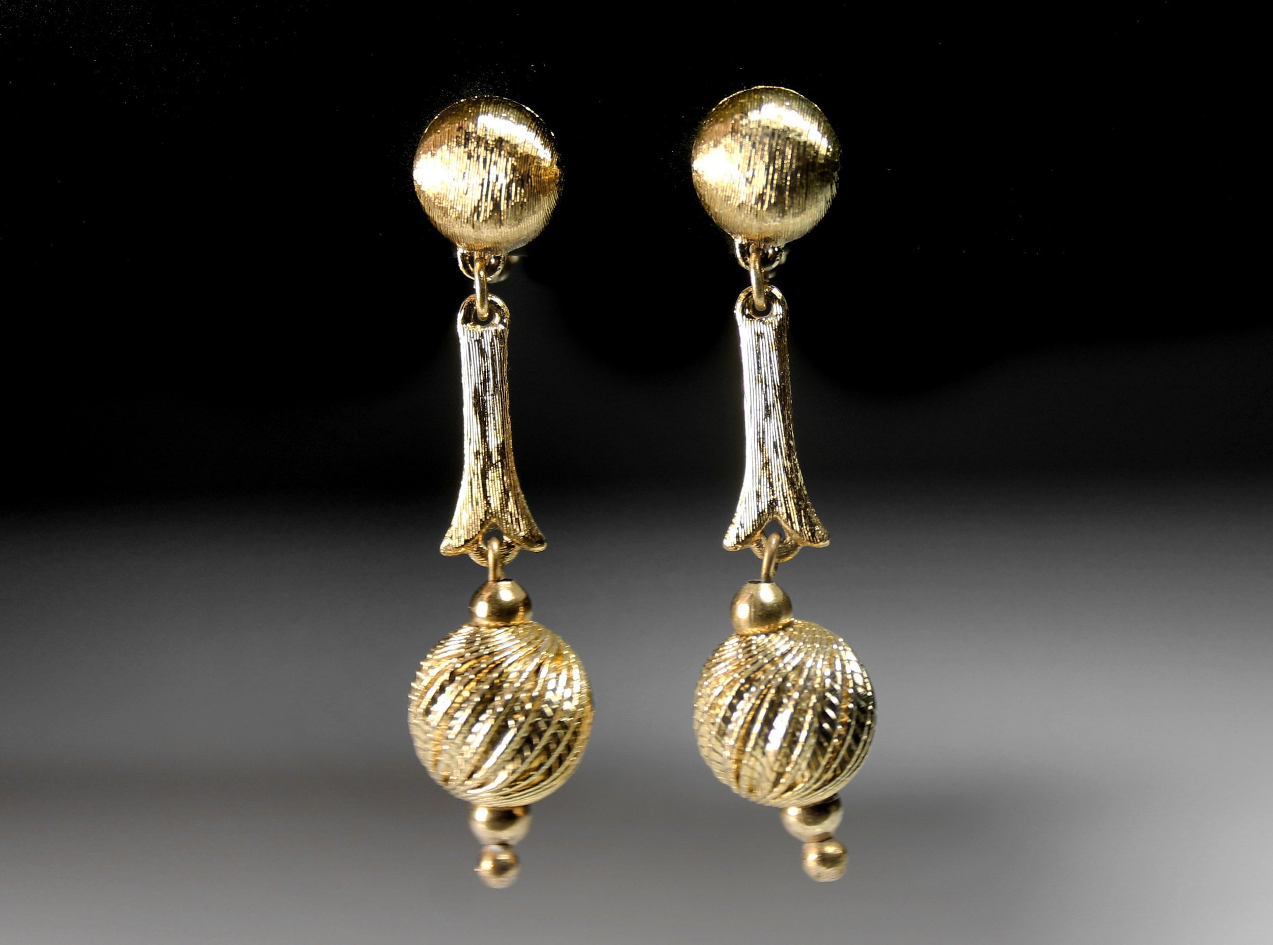 Monet Dangle Ball Earrings, Clip-On, Gold-Tone, Signed, Retro