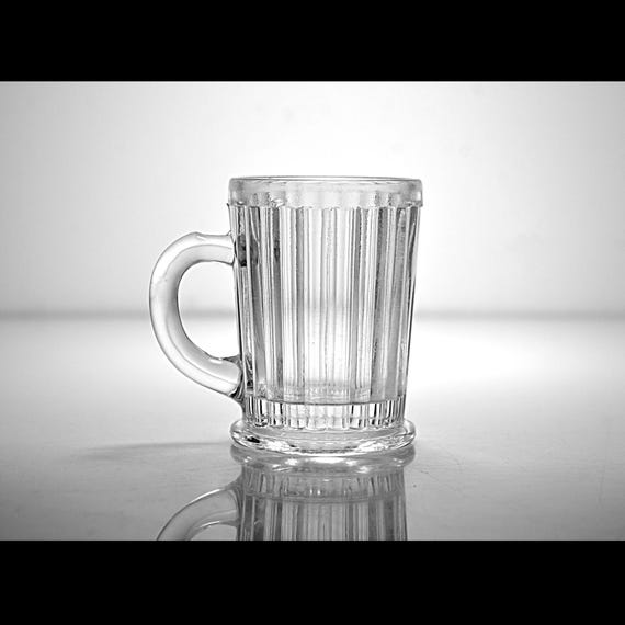 Antique EAPG Glass Mug, Victorian Ribbed Shot Glass, UV Glow