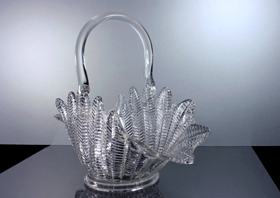 Glass Basket, L E Smith, Fern/Feather Pattern, Clear Glass, Pressed