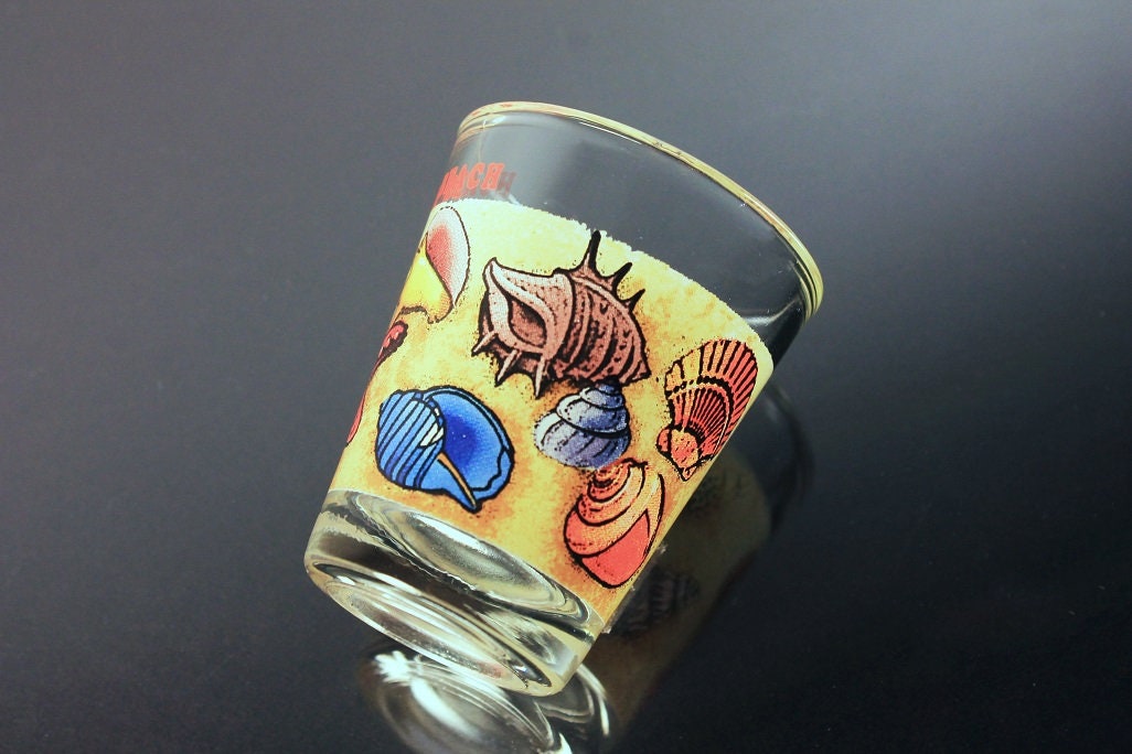 Souvenir Shot Glass, Virginia Beach, Shells and Starfish, Clear Glass, PryoGlazed, Collectible