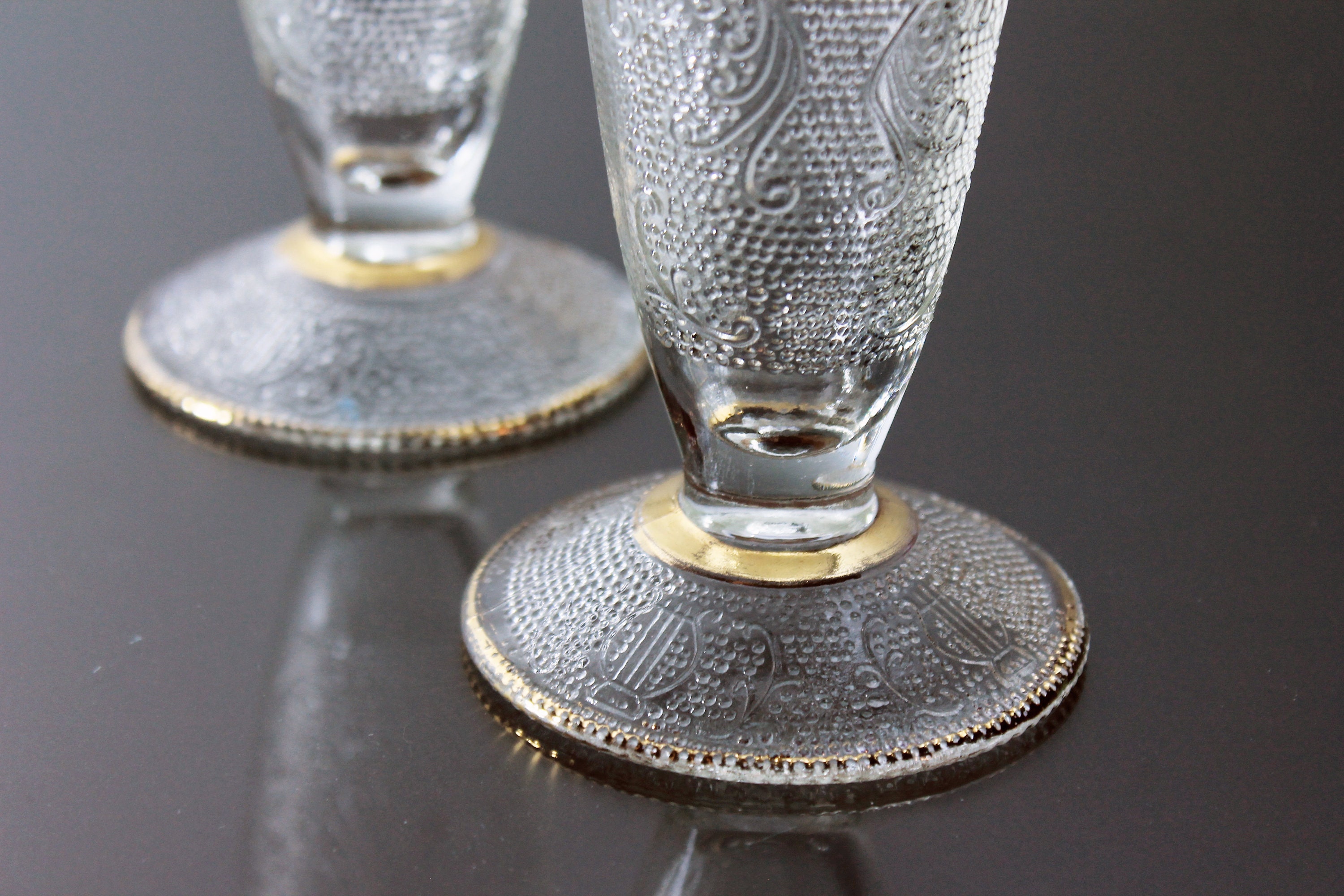 Vases, Glass, Harp Pattern, Gold Trim, Set of 2, Flower Vases