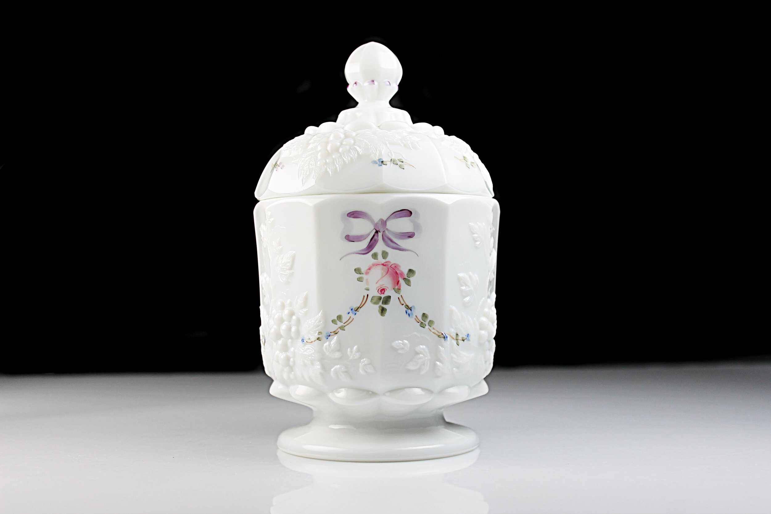 Westmoreland Candy Dish, Roses and Bows, Milk Glass, Embossed Grapevine, 7 Inch, Wedding Gift