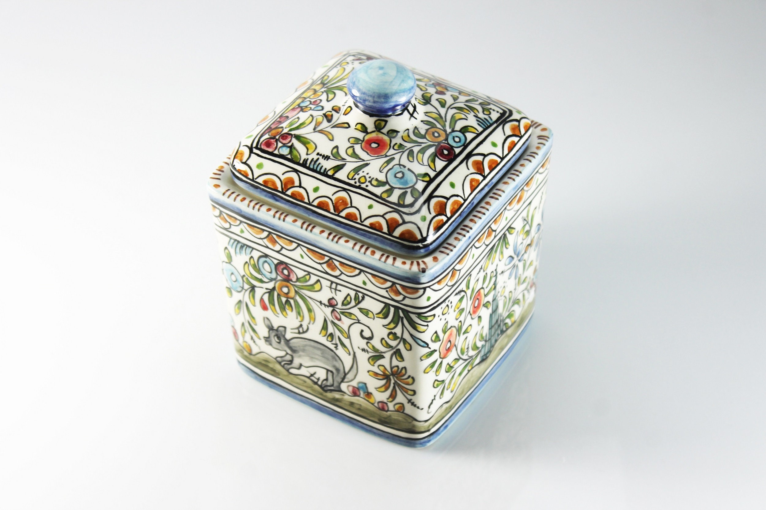 Coimbra Portuguese Covered Jar, Ceramic, Multicolored, Decorative Jar