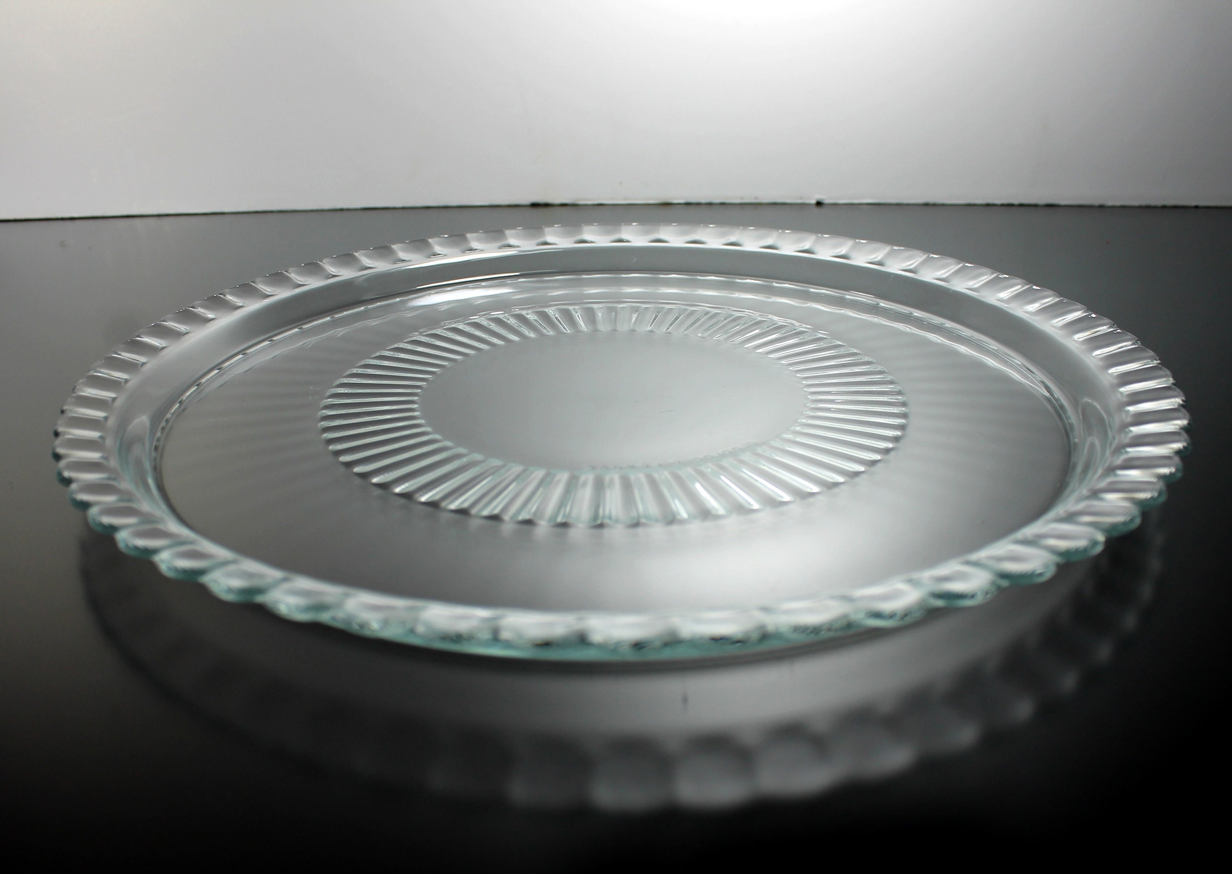 Clear Glass Sandwich Plate, Glass Platter, Ribbed, Scalloped Edge, 12
