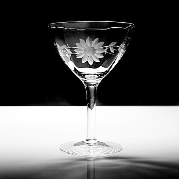 Wheel Cut Wine Glass, Sherbet Glass, Floral and Leaf Design, Barware