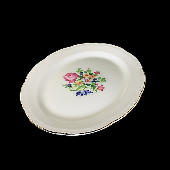 Platter, Homer Laughlin, Petit Point, 13 Inch, Floral Center, Gold Trim, Fine China