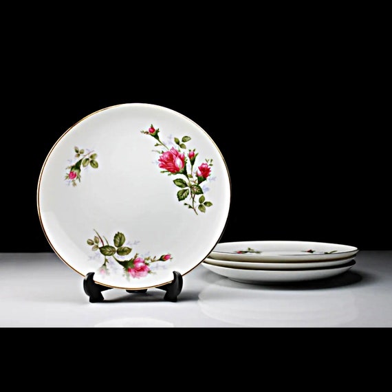 Bread and Butter Plates, Sango Japan, Moss Rose, Red Floral, Set of 4, Dinnerware, Fine China, Roll plates, Bun Plates