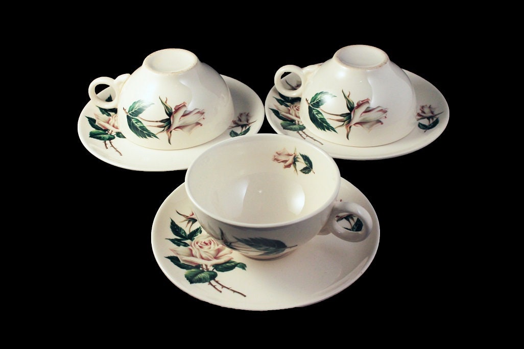 Cups and Saucers, Universal Pottery, Ballerina, White Rose Pattern