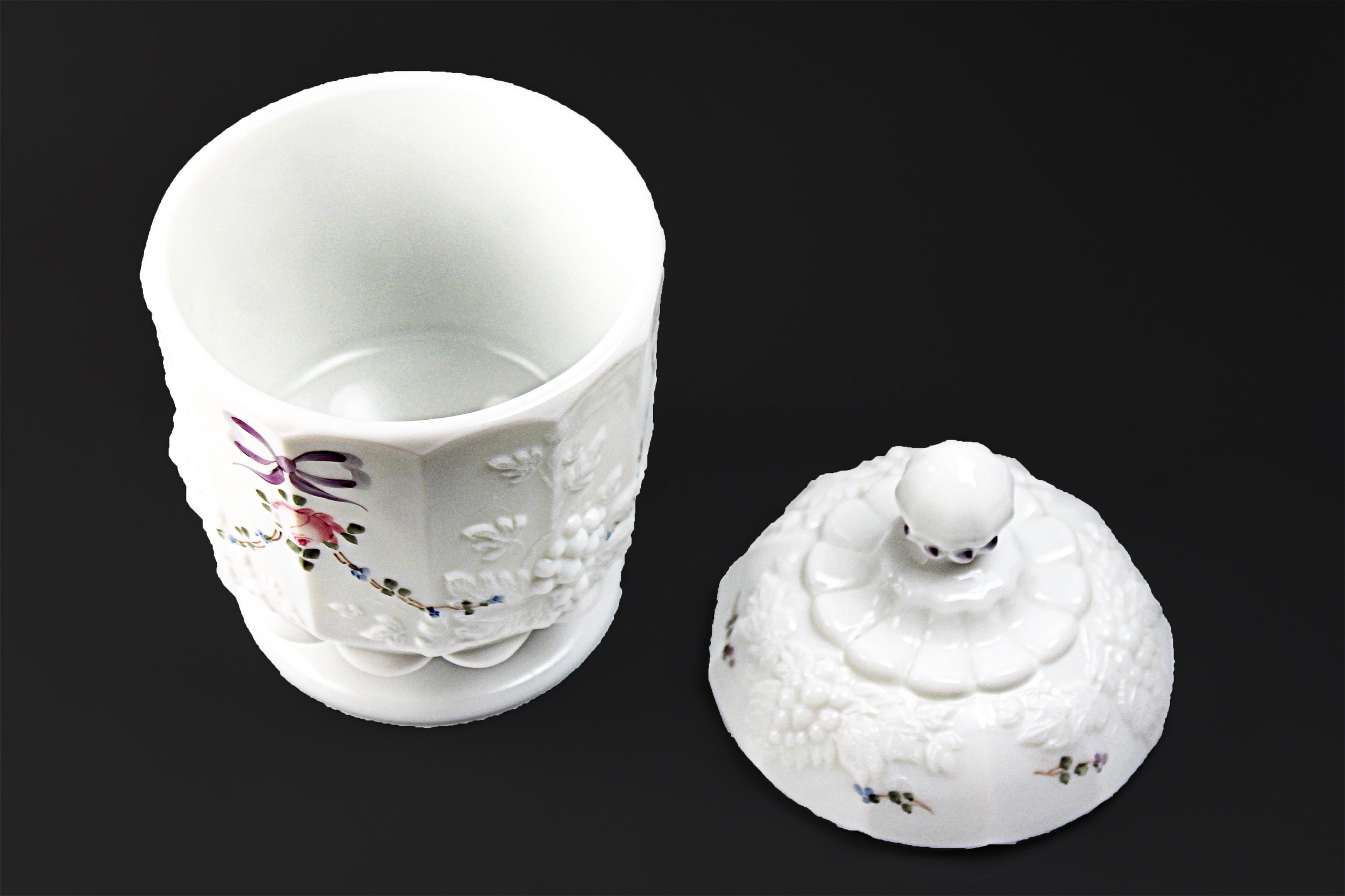 Westmoreland Candy Dish, Roses and Bows, Milk Glass, Embossed Grapevine, 7 Inch, Wedding Gift