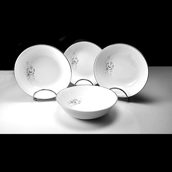 Vintage Sango Morena Fruit Bowls, Set of 4, Japan Porcelain, Platinum Trim, 5.5 Inch