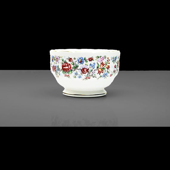 Staffordshire Springtime Bone China Consommé or Sugar Bowl – Floral Chintz with Gold Trim, Made in England