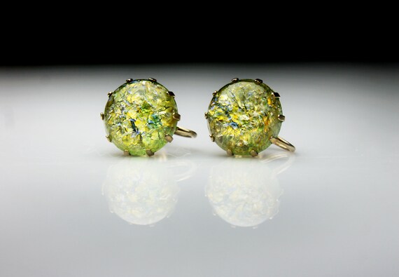 Dichroic Glass Earrings, Screw Back, Yellow/Green… - image 6