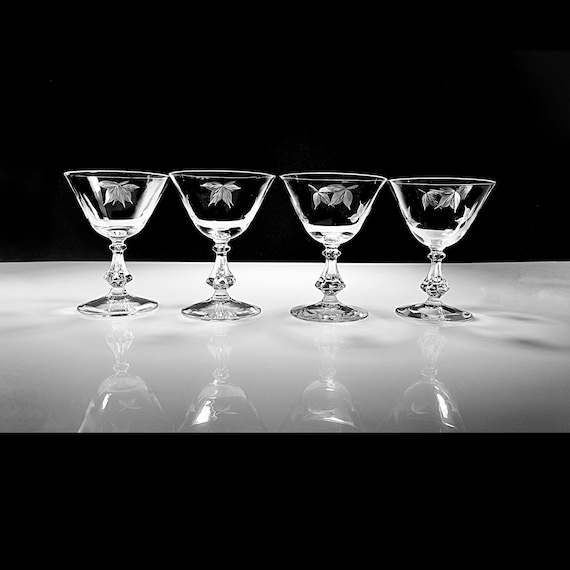 Bryce Autumn Etched Crystal Cocktail Glasses, Set of 4 – Mid-Century Leaf Design Barware