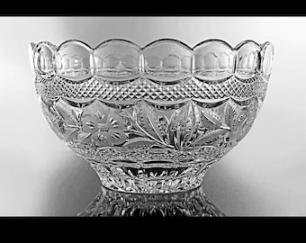 Leaded Crystal Bowl, Heavy, Clear Glass, Scalloped Edge, Frosted Floral Pattern, Crisscross Design