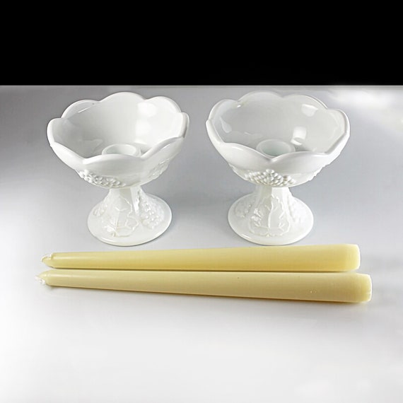 Colony Harvest Flower Candlesticks, Milk Glass, Grapevine, Cream Candles Included