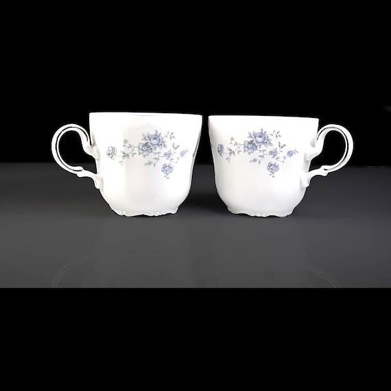 Pair of Johann Haviland Blue Garland Cups with Platinum Trim – Bavaria Germany – 8 oz – Vintage German Porcelain Teacups
