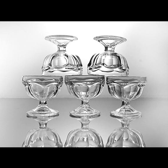 Federal Glass Sherbet Cups – Set of 5 Clear Dessert Dishes with F in Shield Mark