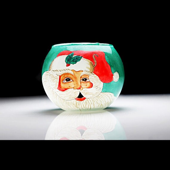 Santa Globe Candle Holder, Reverse Painted, Glass, Tea Candle Included, Hand Painted, Hand Blown, Original Box