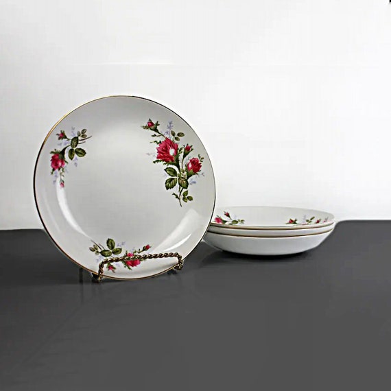 Soup Bowls, Sango Japan, Moss Rose, Red Floral, Set of 4, Dinnerware, Fine China