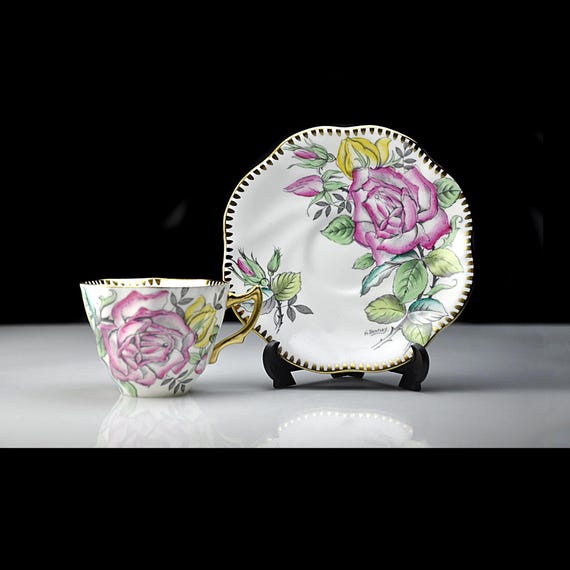 Rosina Bone China Demitasse Cup and Saucer, Pink Roses Gold Trim, English China