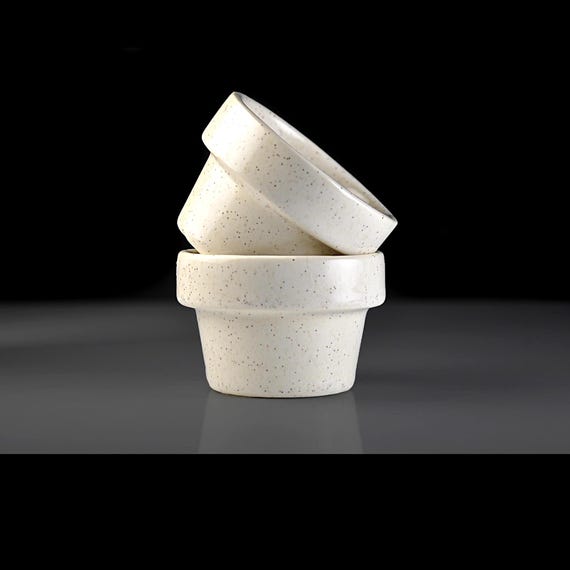 Pair of Vintage Handmade Stoneware Ramekins, Small Speckled Pottery Prep Bowls