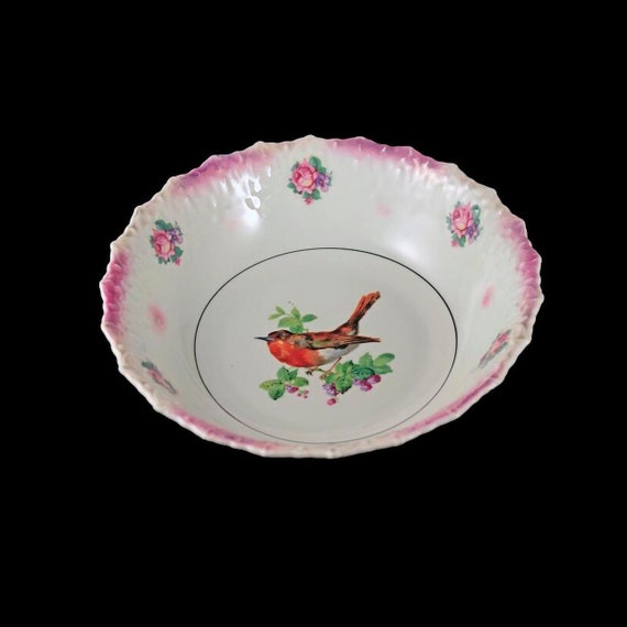 Bavaria Bowl, Scalloped Edges, Bird Center, Floral Pattern, Pink Embossed Edging, Centerpiece, Porcelain