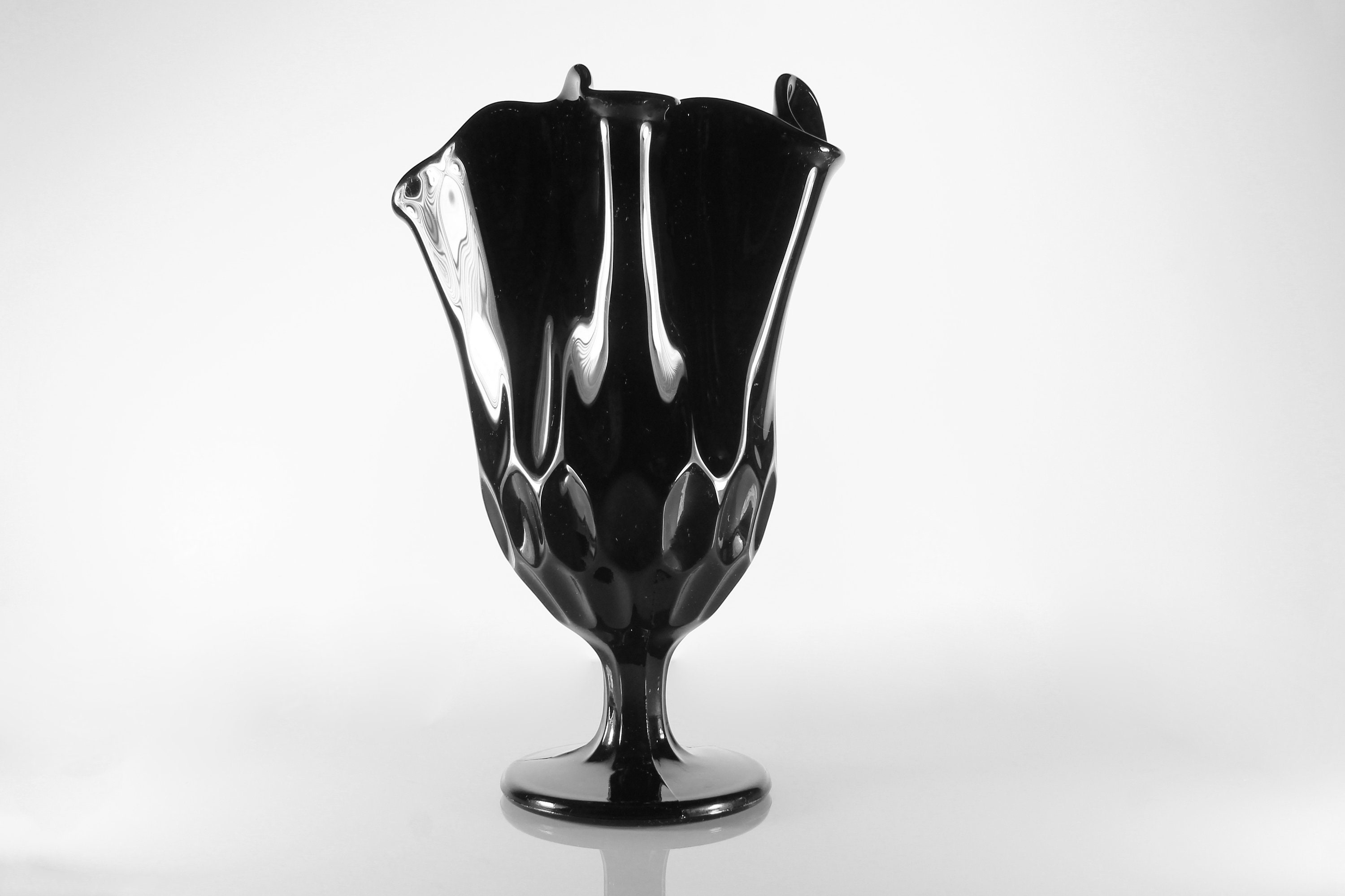 Fenton, Thumbprint Black Vase, Black Handkerchief Vase, Art Glass