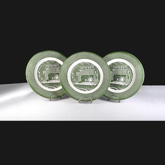Vintage Royal China Colonial Homestead Green Dinner Plates, Set of 3, 10 Inch