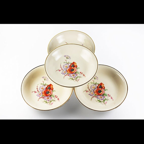 Fruit Bowls, Universal China, Poppy, Set of 4, Floral Design, Gold Trim