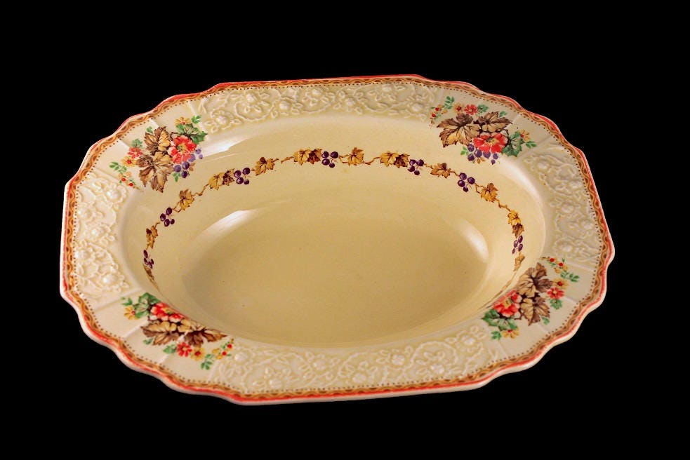 Oval Vegetable Bowl, Myott Staffordshire, Embossed, Grapes, Flowers