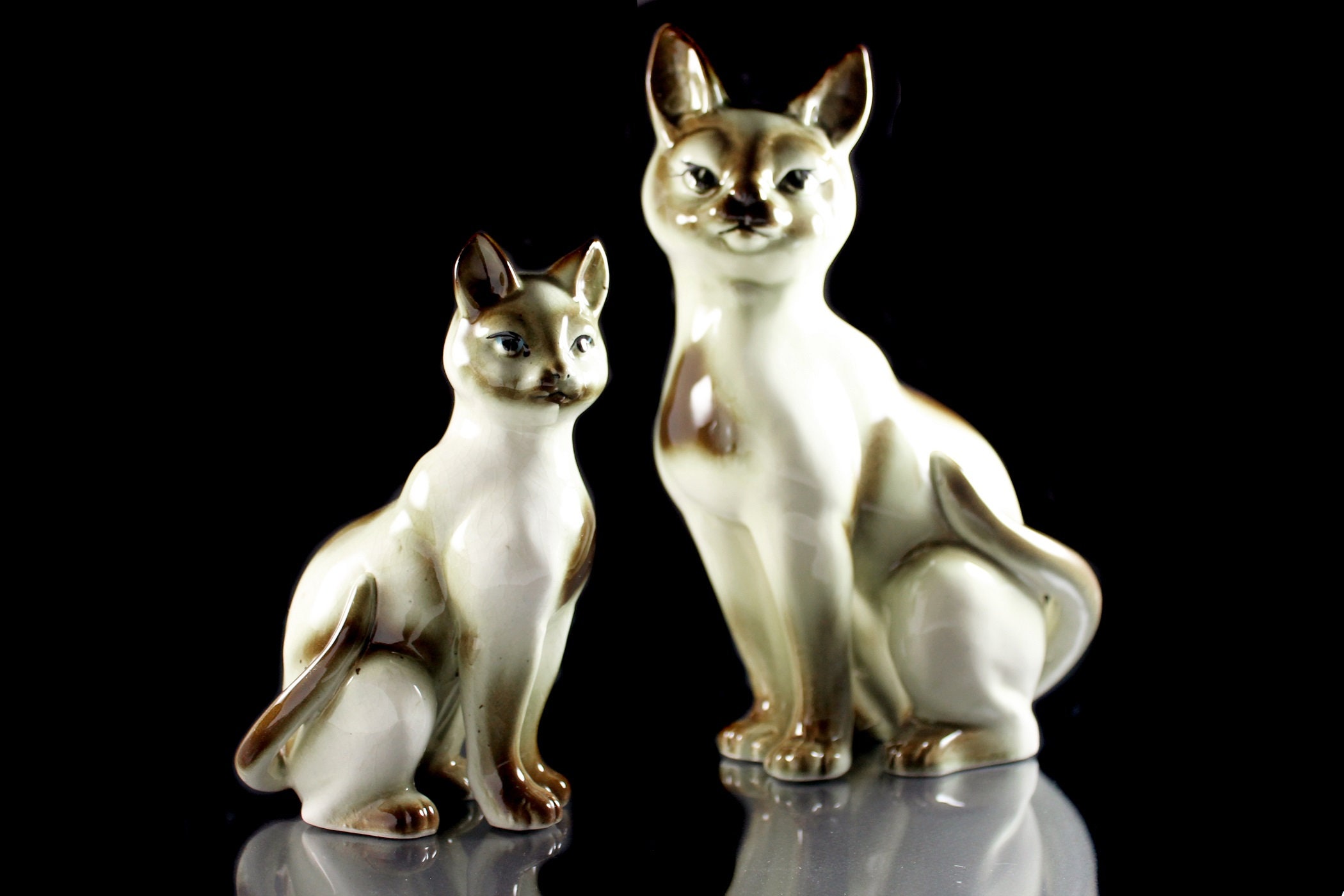 Siamese Cat Figurines, Porcelain, Set of Two, Large and Small, Cat and