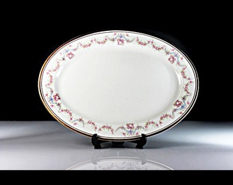 Oval Platter, O P Co Syracuse China, Floral Pattern, White, Pink Rose, Gold Trim, 10 Inch