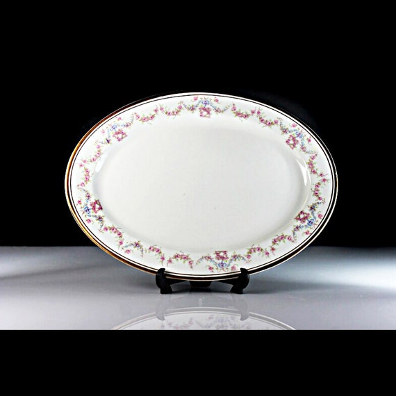 Oval Platter, O P Co Syracuse China, Floral Pattern, White, Pink Rose, Gold Trim, 10 Inch