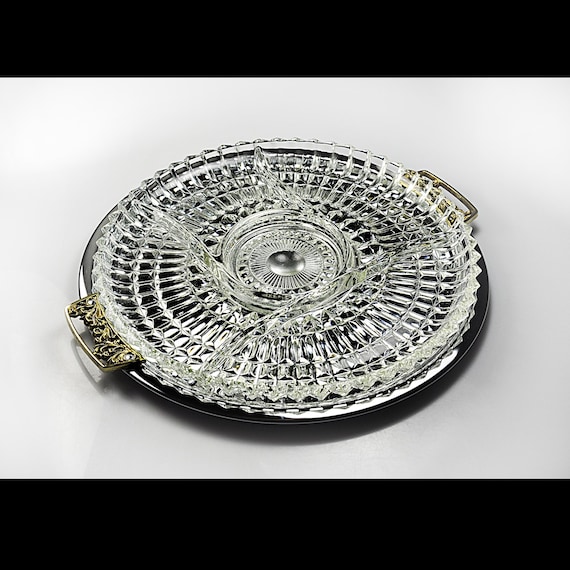 Kromex Chrome Tray with Gold Handles and 5-Section Divided Glass Insert Serving Tray