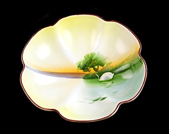 Noritake Footed Bowl, Mayonnaise Bowl, Hand Painted Porcelain, Swan in Lake, Candy Dish, Trinket Dish