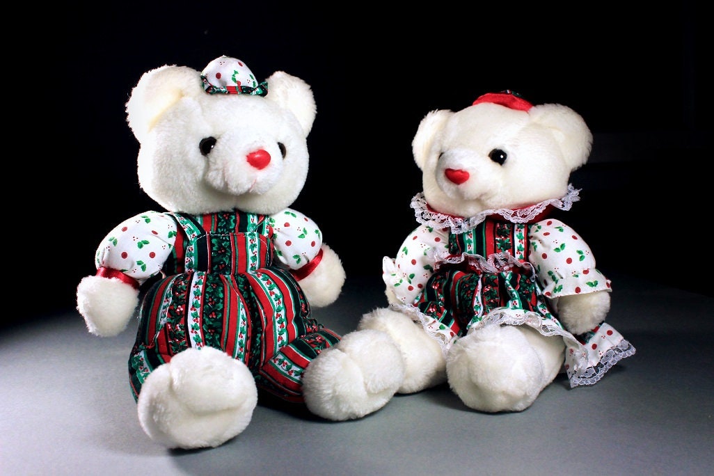 Pair of Christmas Bears, Boy and Girl Bears, Holiday Bears, Stuffed Animals, Collectible