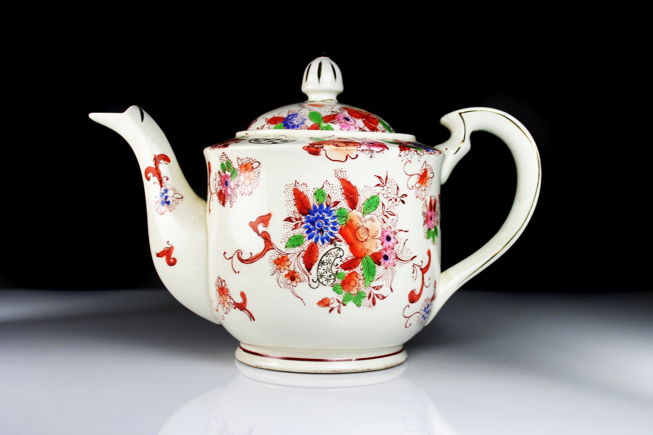 Large Porcelain Floral Teapot, Made in Japan, 6 Cup, Hand Painted