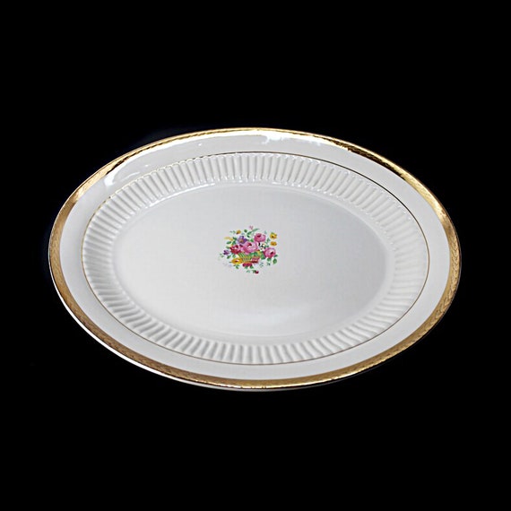 Royal USA Platter, 12 Inch, Floral Center, Gold Trim, Fine China, Ribbed