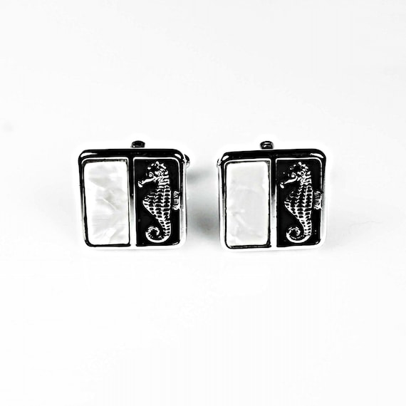 Square Cufflinks, Mother of Pearl and Seahorse, Silvertone, Men's Jewelry, Men's Gift