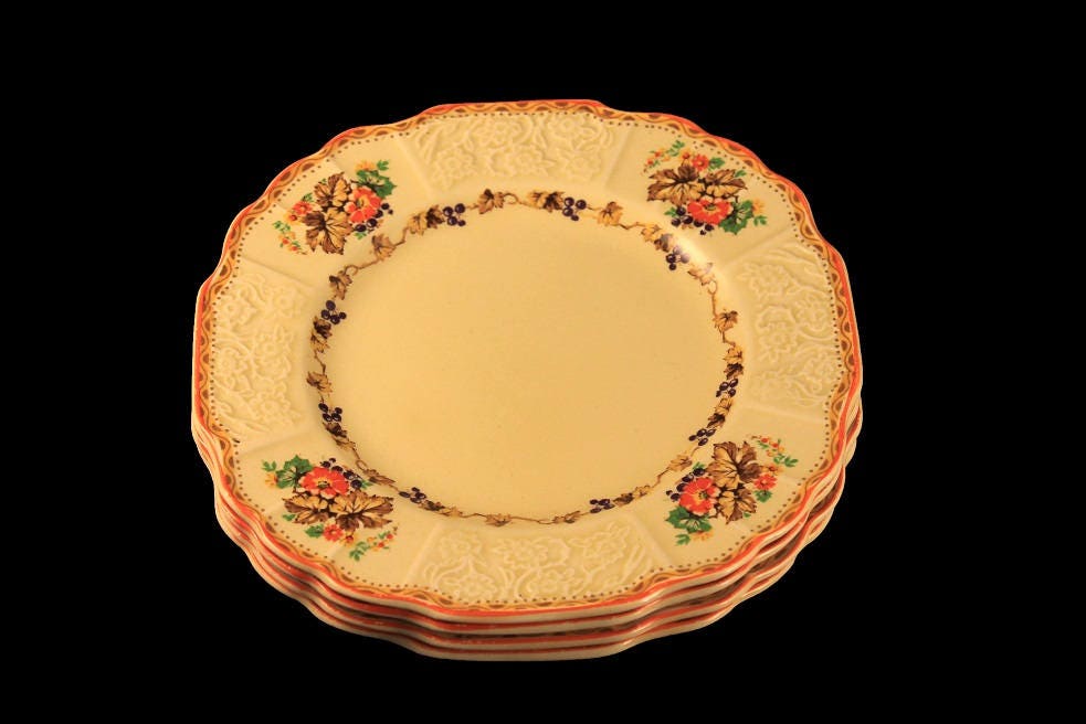 Bread and Butter Plates, Myott Staffordshire, Embossed, Grapes, Flowers