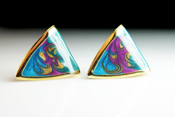 Swirl Glitter Enamel Earrings, Pierced, Curved Tr… - image 3