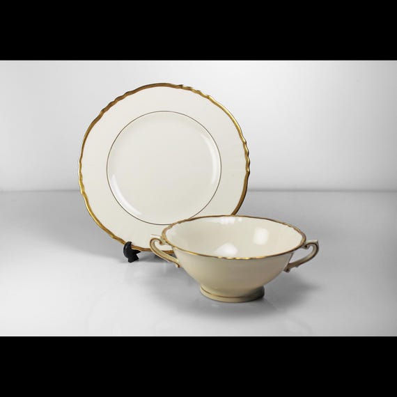 Syracuse China Old Ivory Brantley Cream Soup Bowl with Saucer – Gold Trim, Footed Two-Handled Bowl, 1949–1967