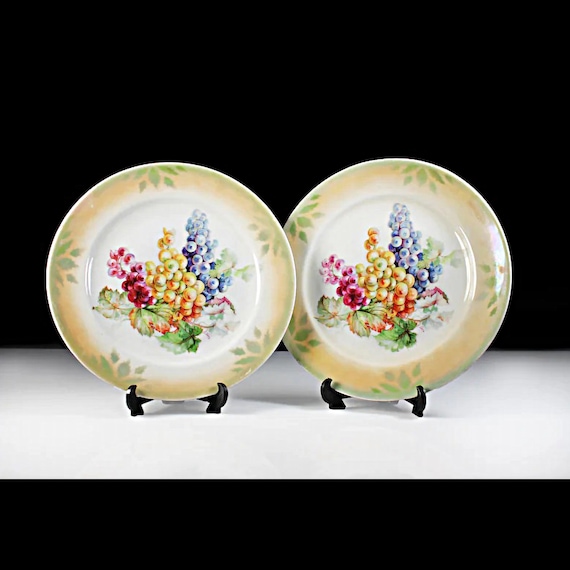 Antique Salad Plates, Altenburg China Germany, Fine Porcelain, Set of 2, Grape Pattern, Hand Painted