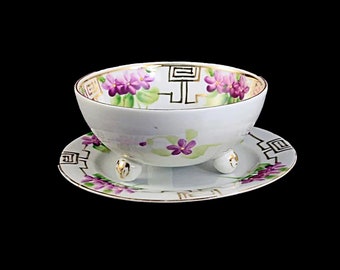 Antique Nippon, Mayonnaise Bowl, Footed Bowl with Underplate, Morimura Bros., Hand Painted, Floral Pattern, Sauce Bowl, Rice Bowl